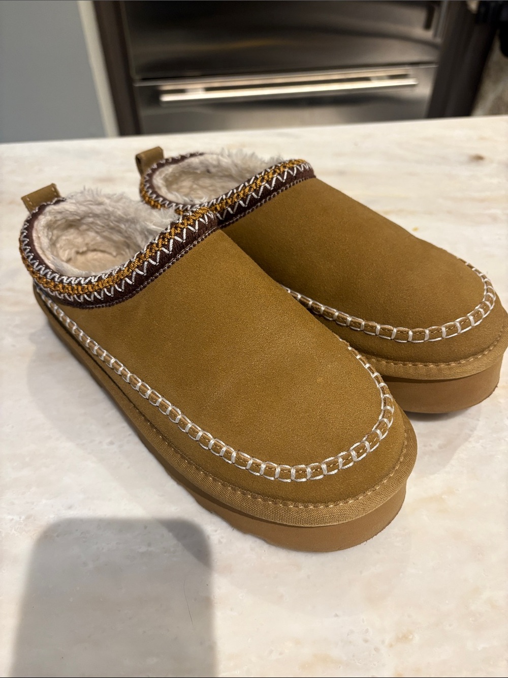 Cozy Faux-Suede Fur-Lined Slip-On Clog - Tan